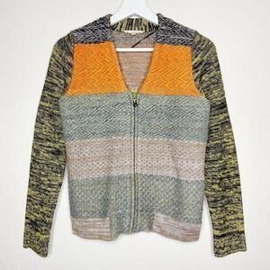 Hem & Thread Colorful Color Blocked Wool Blend Zip Up Cardigan Sweater Sz S